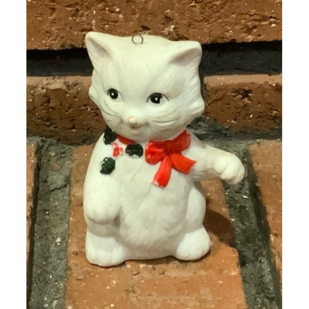 Vintage Glass‎ White Cat Kitten Red Bow Holly Christmas Ornament 3
